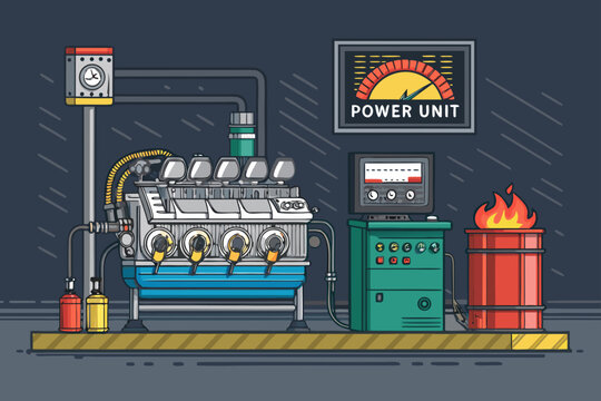 Engine Dyno Testing in Detailed Illustration Style, Detailed Illustration (White Color)