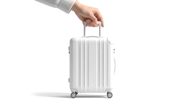 Person holding a small white suitcase with a retractable handle, isolated on a white background, symbolizing travel and luggage