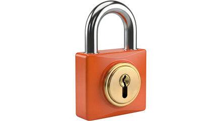 Naklejka premium A high resolution studio shot of a sturdy orange metal padlock with a shiny chrome shackle and a brass keyhole cylinder isolated on a pure white background