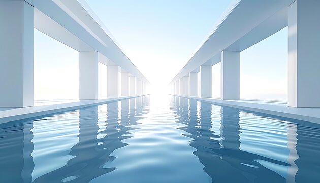 Perspective view of a modern architectural corridor with reflective water surface and bright sky, evoking a sense of journey or transition