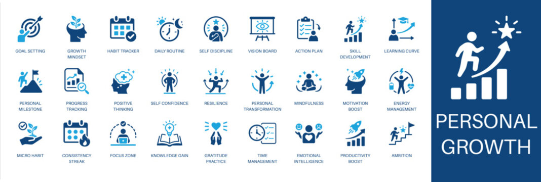 Personal growth and self improvement solid icon set. Featuring growth mindset, skill development, emotional intelligence, time management, and habit tracker. Vector icons for training and coaching app