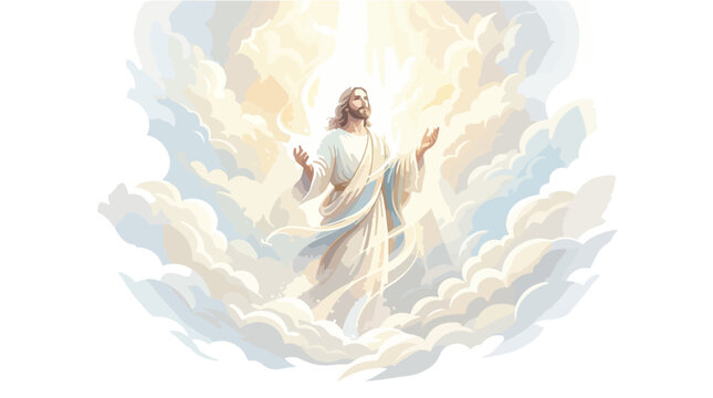 Jesus Christ ascending into heaven with arms raised in divine light.