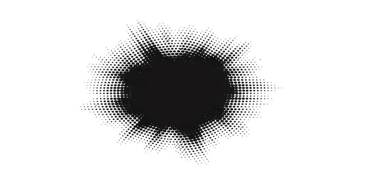 A digital vector illustration of a dark abstract background featuring a halftone circle pattern that creates a human iris shape with an artistic ring of black and white dots and glowing light