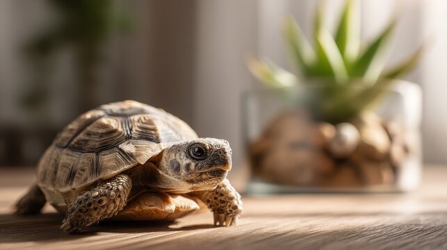 Curious little tortoise basking in natural sunlight on a tabletop with soft background