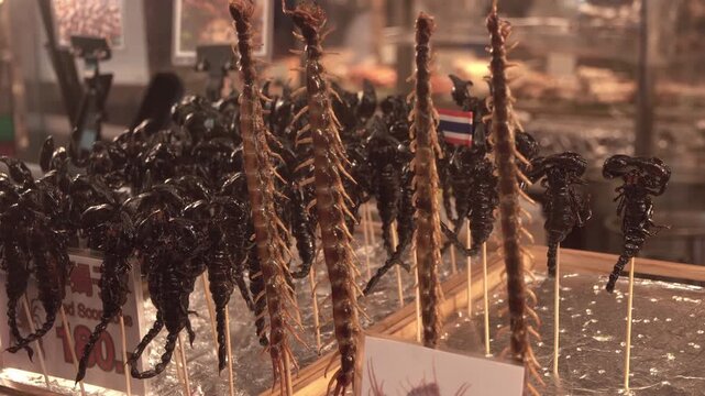 Fried giant centipede at a street food stall in Bangkok, Thailand.
