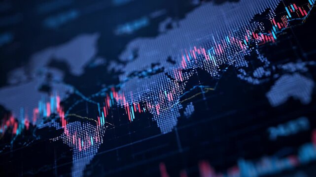 Global stock market trading charts displayed on a digital world map with dynamic candlestick graphs showing financial data in motion.