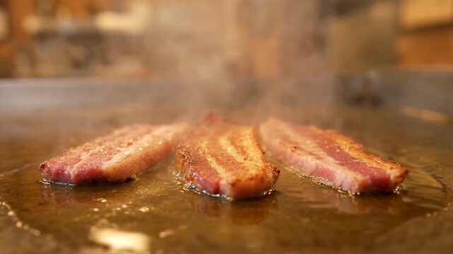 Sizzling Bacon Strips Cooking on Griddle, Breakfast Food Photography, Restaurant Kitchen