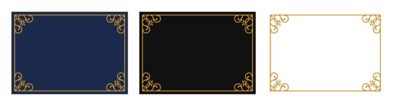 Elegant Gold Ornamental Frame Set | Decorative Border with Scroll Corner Accents on Navy, Black, and White Background Vector
