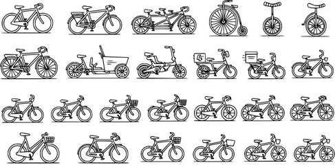 Black and White Line Art Vector Collection of Various Bicycle Types © victoria
