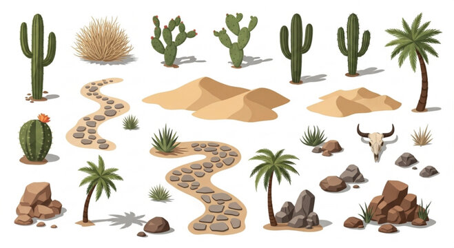 Desert landscape elements vector set, saguaro cactus and sand dunes collection, wild west nature icons with palm trees and stone paths