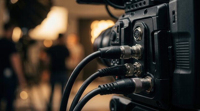 Detailed close up of professional video camera connections for behind the scenes footage.