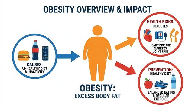 Obesity overview and impact infographic showing causes, consequences, and prevention strategies.
