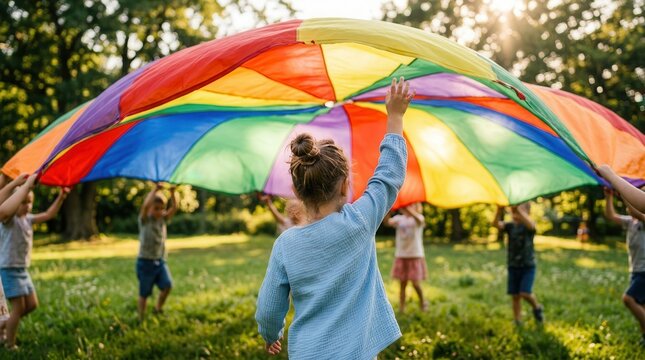 Faceless children and teacher playing with a rainbow parachute during outdoor summer camp activity.