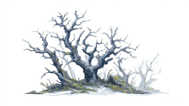 Eerie cluster of barren trees with twisted branches against a white background