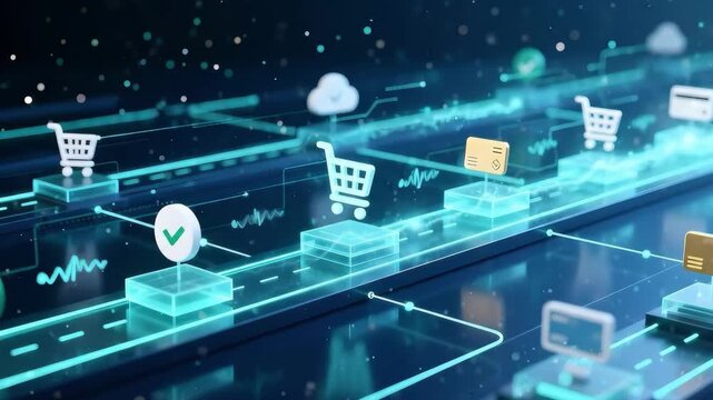 Abstract visualization of smart commerce network flow depicting digital retail infrastructure and payment icons within the interconnected digital economy ecosystem on dark background.