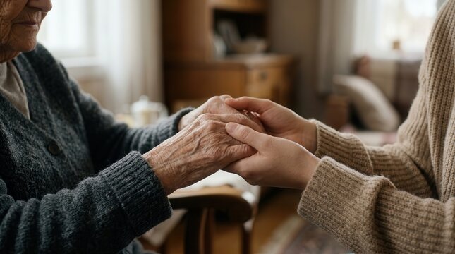 Elderly hands being comforted by younger hands during grief support