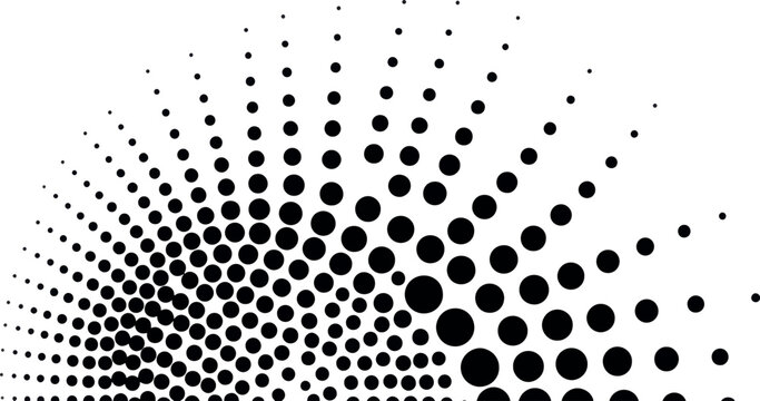 Minimalist semi-circular pattern of solid black dots arranged in a radial curve on a plain white background, high-resolution vector illustration graphic for modern design projects.