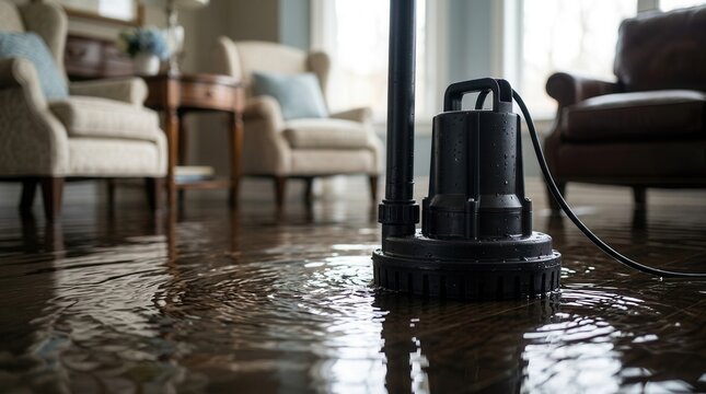 Sump pump removing flood water from a hardwood floor in a residential basement.