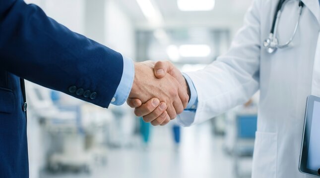 Physician and pharmaceutical representative shaking hands after a successful business partnership negotiation.