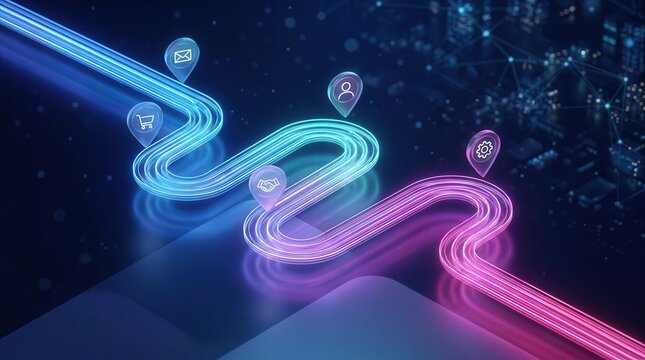 A glowing pathway visualizing the customer journey map through various touchpoints.