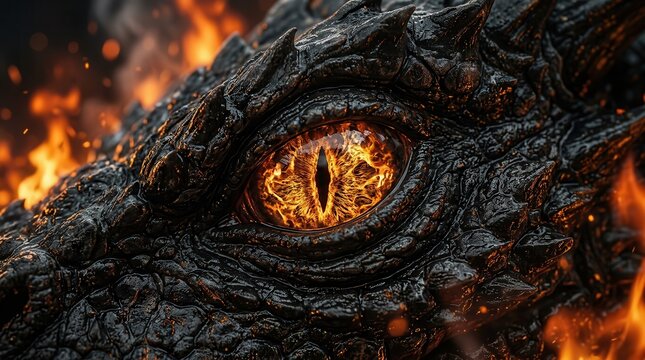 Extreme closeup of an angry black dragon with a fiery glowing eye.