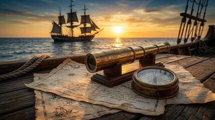 Naklejka premium A pirate ship sailing on the ocean during a golden sunset with a telescope on the deck.
