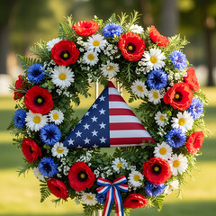 Fototapeta premium Patriotic Memorial Wreath with Red Poppies, Blue Cornflowers, and White Daisies Encircling Folded American Flag on a Green Lawn Background