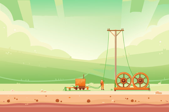 Underground Cable Laying in Detailed Illustration Style, Detailed Illustration (White and Red)
