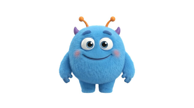 Adorable 3D rendered fluffy blue monster character smiling, isolated on a white background, perfect for children's designs and playful concepts