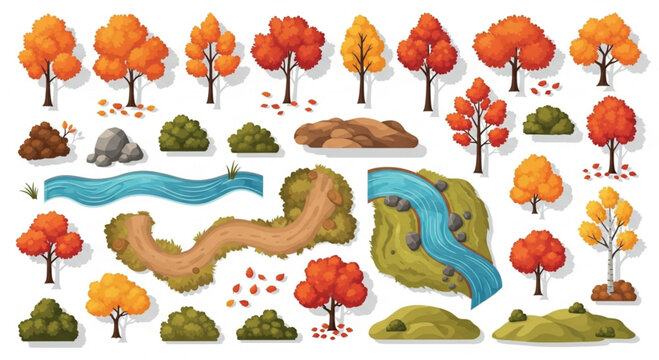 Autumn forest landscape elements set, orange fall trees and river vector icons, top down nature map assets for game design and illustration