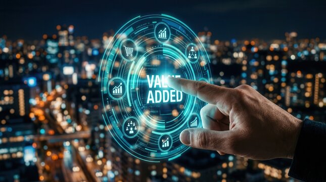 A person touching a virtual screen to demonstrate the concept of value added to products and services.