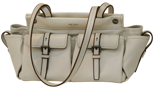 Prada Route beige leather travel bag with external gusseted pockets. The design stands out for its luxurious style. Milan - Italy, 07 May 2026