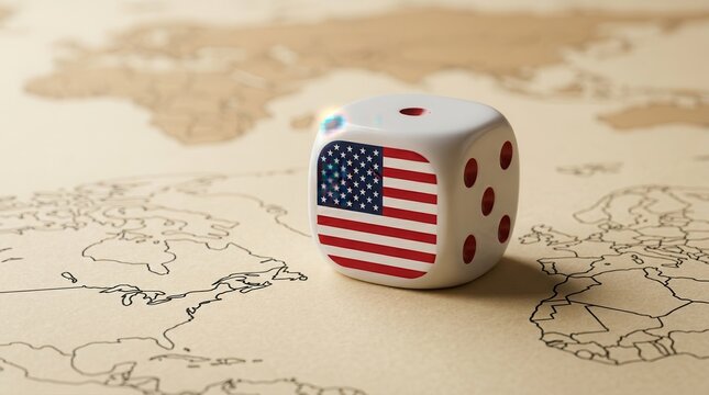 US flag dice placed over a world map symbolizing global geopolitics and trade strategy.