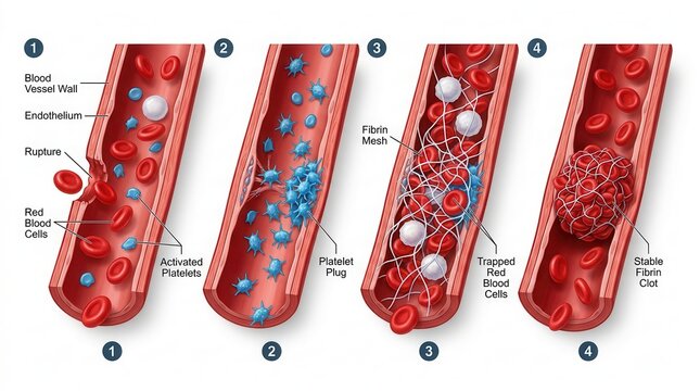 Medical illustration showing blood clotting cascade stages including platelet plug formation and coagulation sequence.