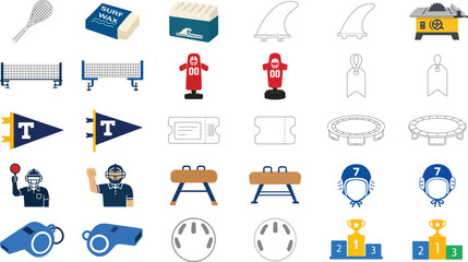 Vector Icon Set Featuring Sports Equipment, Athletic Training Gear, and Competition Essentials Including Surfboard Fins, Gymnastics Vaulting Horse, Water Polo Caps, and Ticket Stubs in a Minimalist © Dadullah