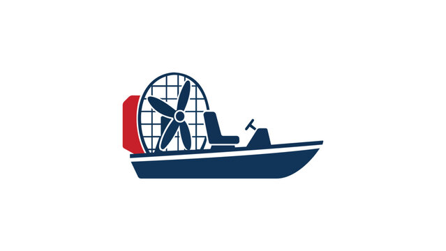 Swamp airboat vector icon illustration of a fan boat for Everglades exploration and wetland transportation design, minimalist line art drawing perfect for travel maps and aquatic adventure logos.
