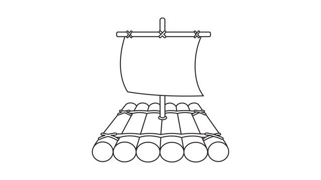 Traditional balsa raft vector icon illustration with editable stroke for customizable line weight, minimalist hand-drawn wooden boat design for primitive travel and ocean exploration graphics.
