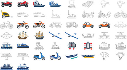 Professional Vector Icon Set of 50 Transportation and Sport Vehicle Illustrations, Hand-Traced Collection of Outline Graphics Featuring Editable Stroke and Adjustable Line Weight for Custom Design. © Mdraza