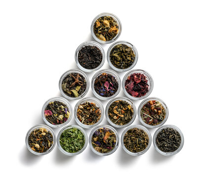 Large assortment of teas in the form of a frame on a white background. The view from the top