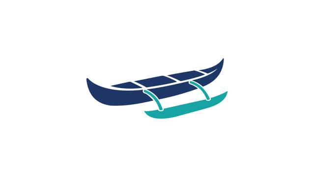 Traditional outrigger canoe vector icon illustration for ocean travel and water sports. Minimalist hand-drawn line art of a Polynesian boat for tropical vacation and nautical lifestyle designs.