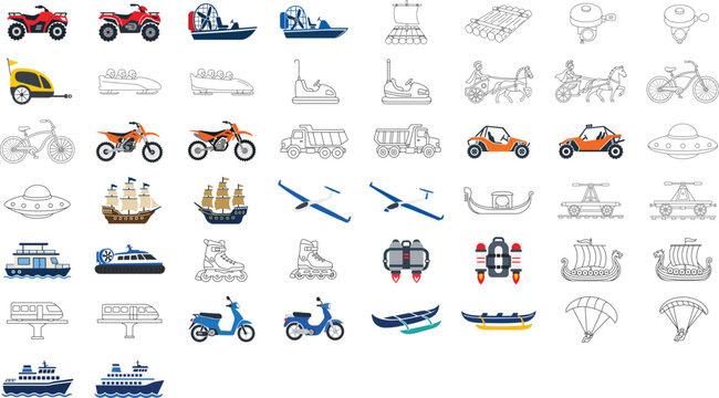 Professional Vector Icon Set of 50 Transportation and Sport Vehicle Illustrations, Hand-Traced Collection of Outline Graphics Featuring Editable Stroke and Adjustable Line Weight for Custom Design.