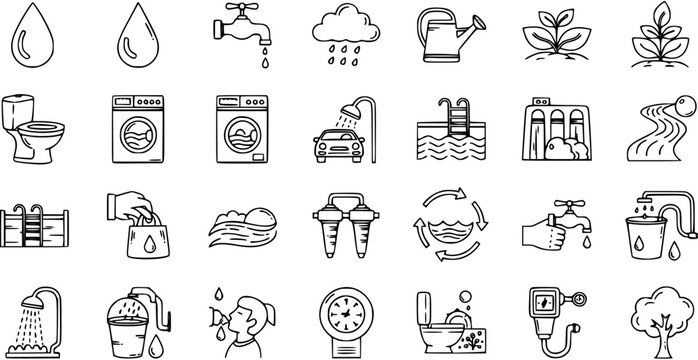 Water Icons Set. Black  White Line Art Doodle Symbols for Water Usage, Conservation, Environment, Utilities, and Daily Life.