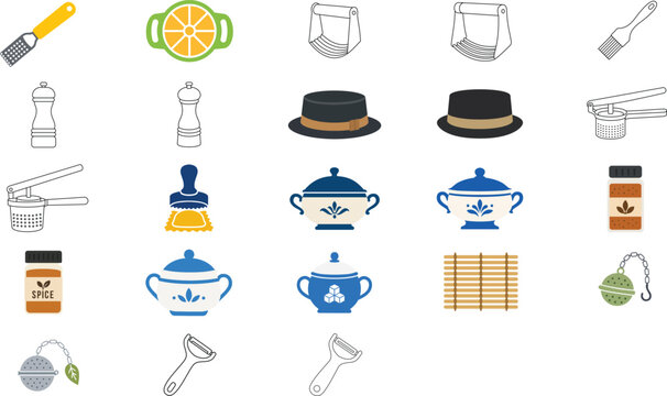Professional Kitchen Tool and Culinary Equipment Vector Icon Set, Collection of 23 Hand-Drawn Minimalist Outline Illustrations including Pastry Blender, Tea Infuser and More, Editable Stroke.