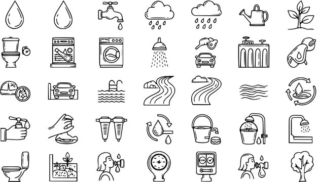 Water Usage and Conservation Line Art Icons Set: Environment, Household, and Nature Symbols in Black and White Outline Style
