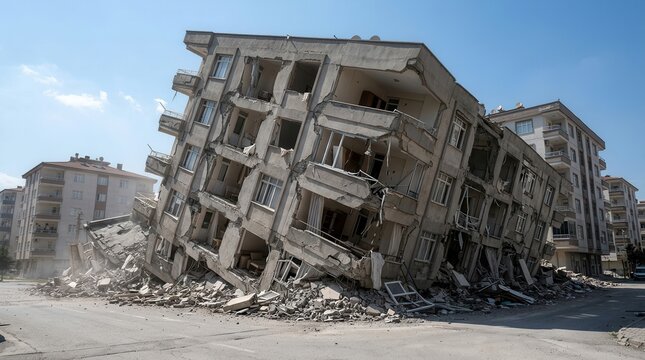 A large multi-story building collapsed and destroyed after an earthquake.