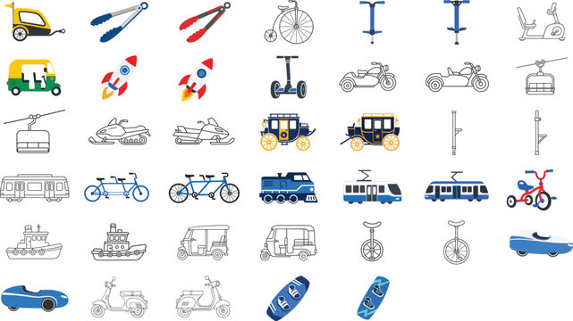 Vector Icon Set Collection of 40 Hand-Traced Minimalist Line Icons Featuring Transport Vehicles, Urban Mobility, Travel Essentials, Kitchen Tools, and Nature Symbols for Professional Design Projects