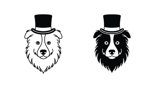 Border collie dog head portrait wearing elegant top hat in minimalist vector line art and solid black silhouette style for pet branding