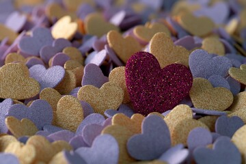 Obraz premium Glitter heart shapes scattered across pastel surface