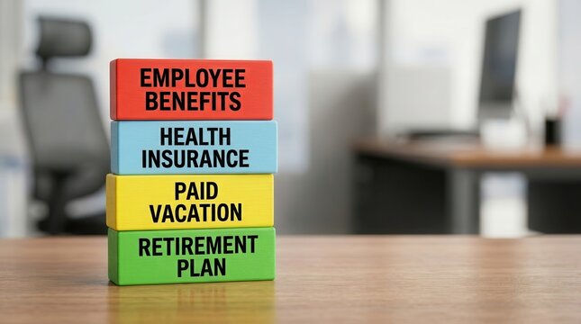 Stack of wooden blocks representing employee benefits including health insurance, paid vacation, and retirement plan.