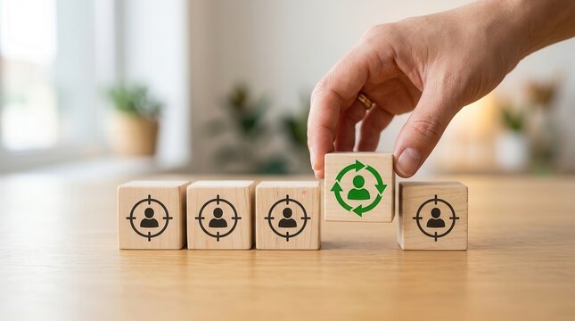 Digital marketing retargeting concept featuring wooden cubes with target icons.